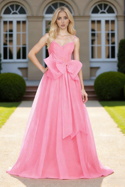 Dressime Chic A Line Spaghetti Straps Corset Bow Tulle Long Prom Dress