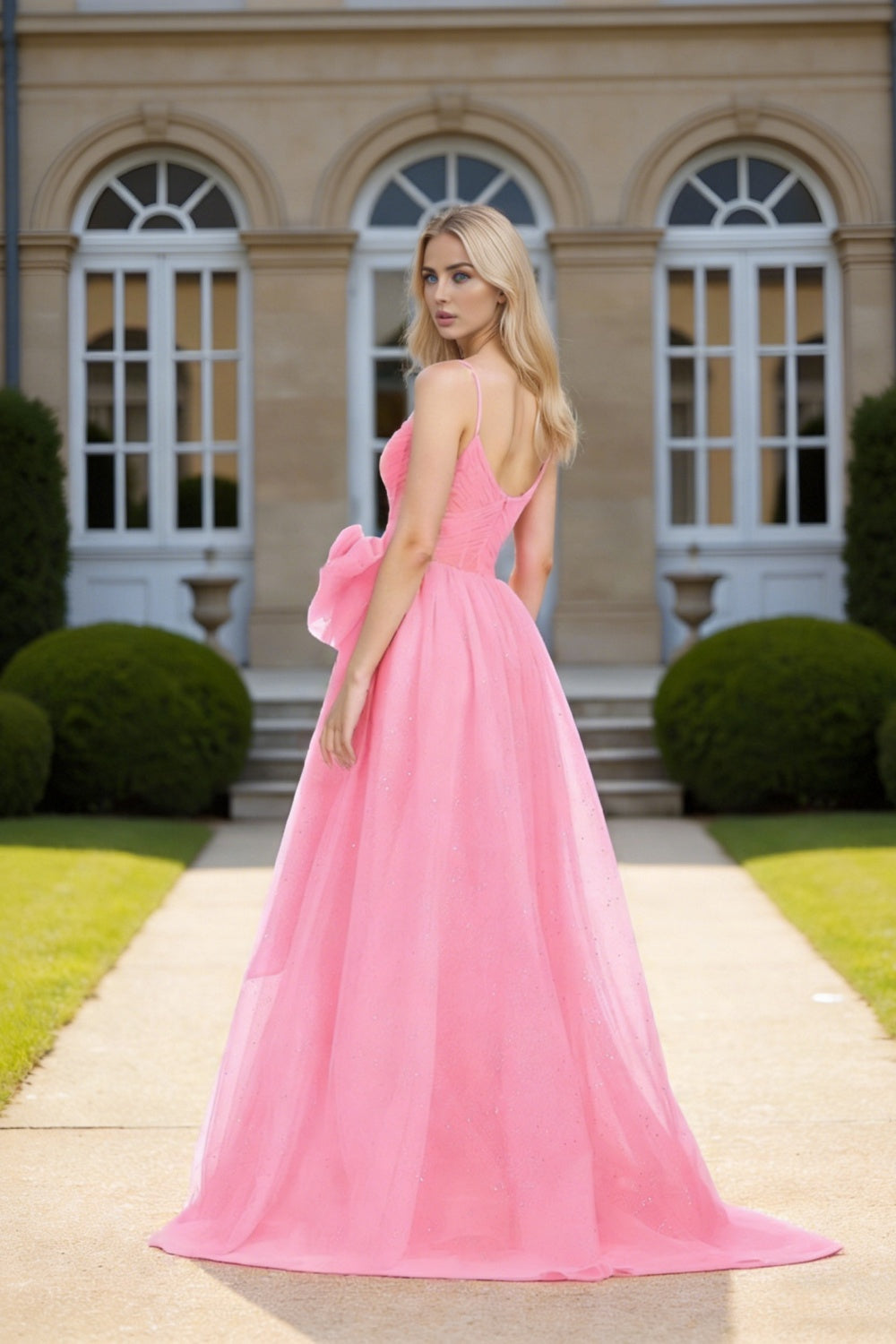 Dressime Chic A Line Spaghetti Straps Corset Bow Tulle Long Prom Dress