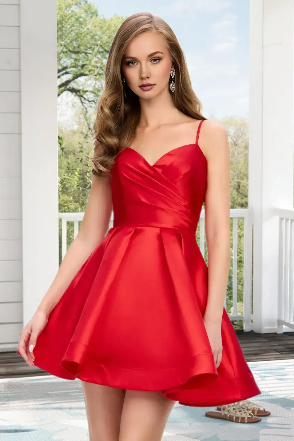 Dressime A Line Spaghetti Straps Corset Draped Satin Mini Homecoming Dress