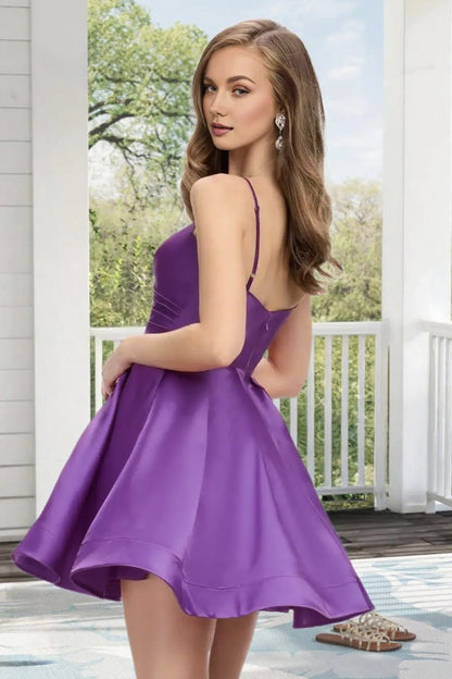 Dressime A Line Spaghetti Straps Corset Draped Satin Mini Homecoming Dress