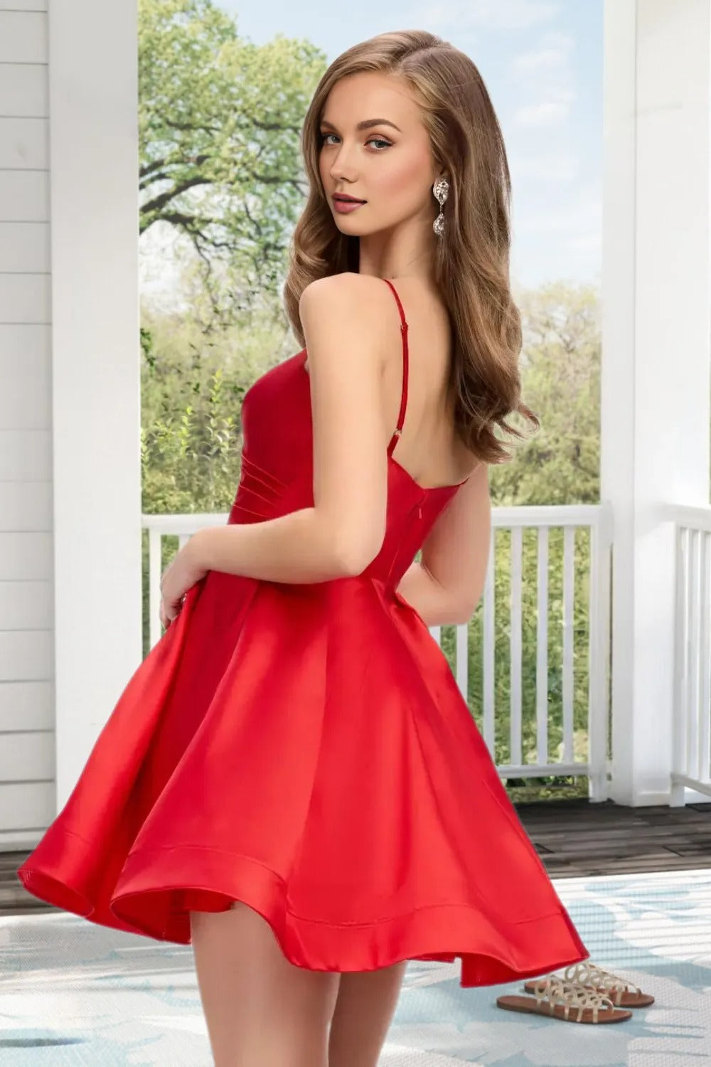 Dressime A Line Spaghetti Straps Corset Draped Satin Mini Homecoming Dress