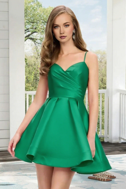 Dressime A Line Spaghetti Straps Corset Draped Satin Mini Homecoming Dress