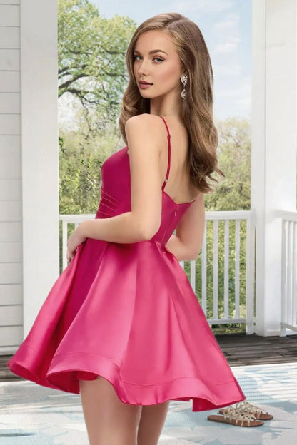 Dressime A Line Spaghetti Straps Corset Draped Satin Mini Homecoming Dress