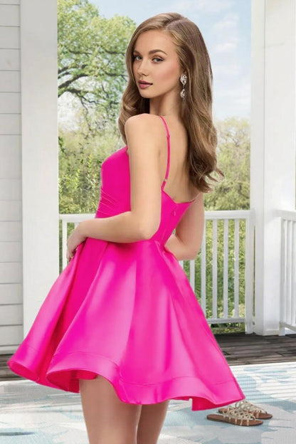 Dressime A Line Spaghetti Straps Corset Draped Satin Mini Homecoming Dress
