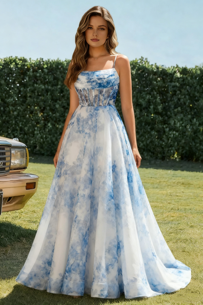 Dressime A Line Spaghetti Straps Corset Flower Printed Long Prom Dress