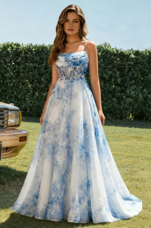 Dressime A Line Spaghetti Straps Corset Flower Printed Long Prom Dress