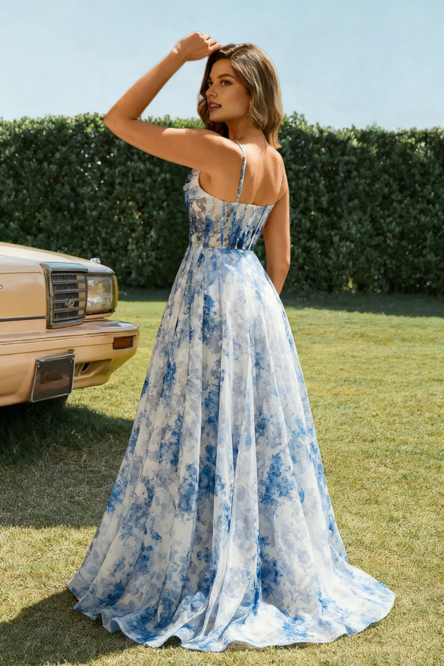 Dressime A Line Spaghetti Straps Corset Flower Printed Long Prom Dress