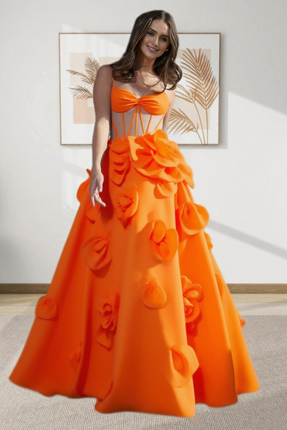 Dressime A Line Spaghetti Straps Corset Satin Long Prom Dress With 3D Flowers