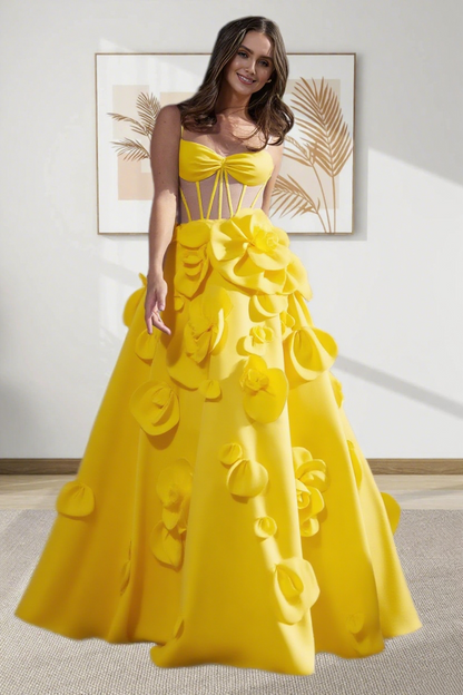 Dressime A Line Spaghetti Straps Corset Satin Long Prom Dress With 3D Flowers