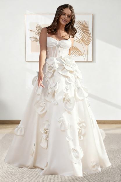 Dressime A Line Spaghetti Straps Corset Satin Long Prom Dress With 3D Flowers