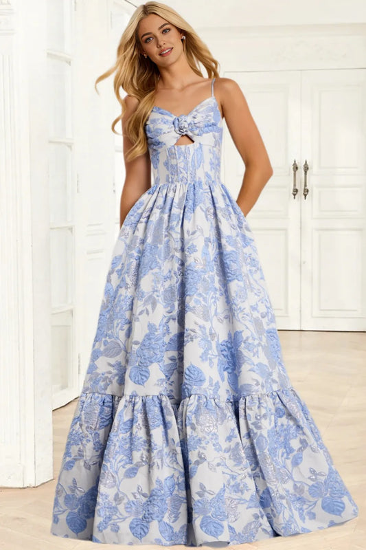 Dressime A Line Spaghetti Straps Floral Jacquard Long Prom Dress