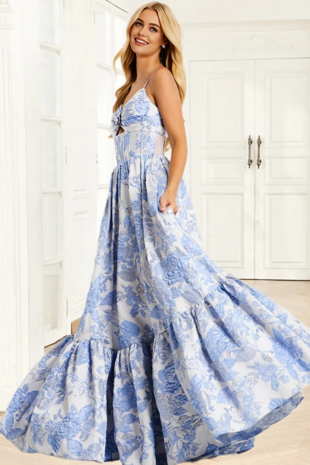 Dressime A Line Spaghetti Straps Floral Jacquard Long Prom Dress