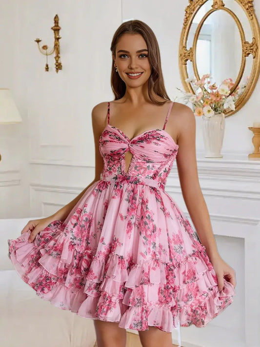 Dressime A Line Spaghetti Straps Keyhole Printed Tiered Mini Homecoming Dress