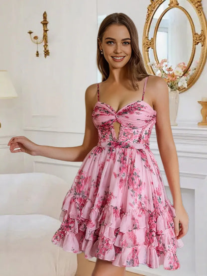 Dressime A Line Spaghetti Straps Keyhole Printed Tiered Mini Homecoming Dress