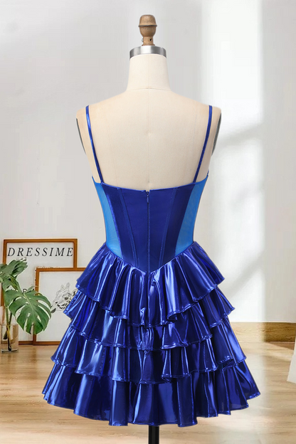 Dressime A Line Spaghetti Straps Metallic Corset Bow Tiered Mini Homecoming Dress
