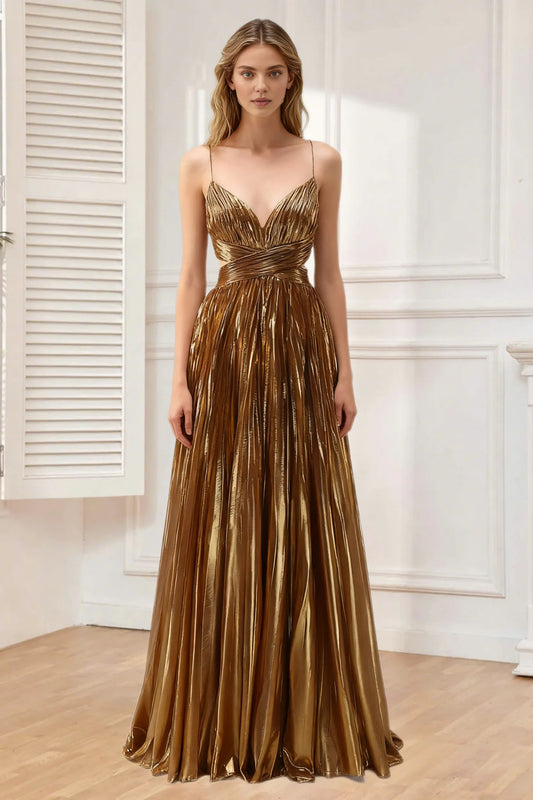 Dressime A Line Spaghetti Straps Metallic Long Prom Dress