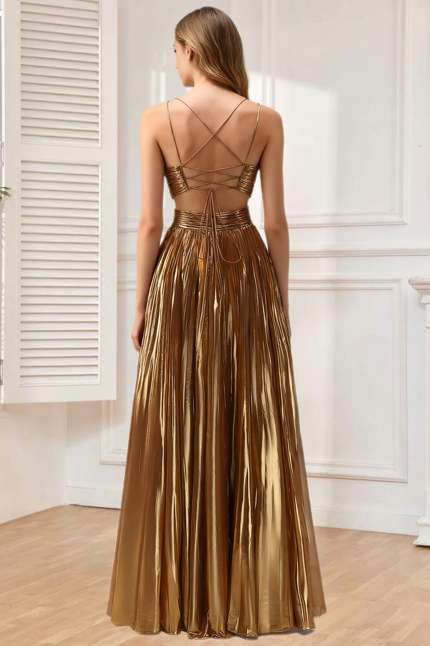 Dressime A Line Spaghetti Straps Metallic Long Prom Dress