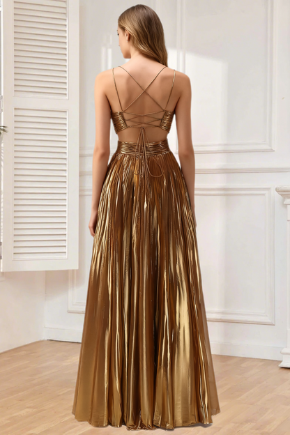 Dressime A Line Spaghetti Straps Metallic Long Prom Dress