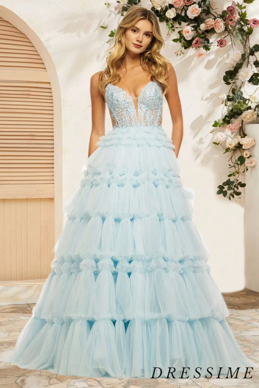 Dressime A Line Spaghetti Straps Tulle Appliqued Tiered Prom Dresses