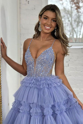 Dressime A Line Spaghetti Straps Tulle Appliqued Tiered Prom Dresses
