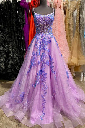 Dressime A Line Spaghetti Straps Tulle Long Prom Dress With Sequin Appluqes