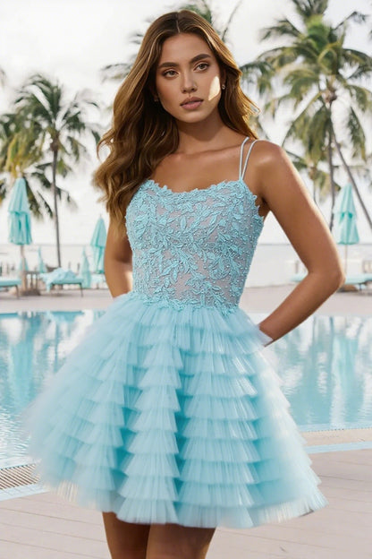 Dressime A Line Spaghetti Straps Tulle Ruffle Tiered Short/Mini Homecoming Dress With Appliques