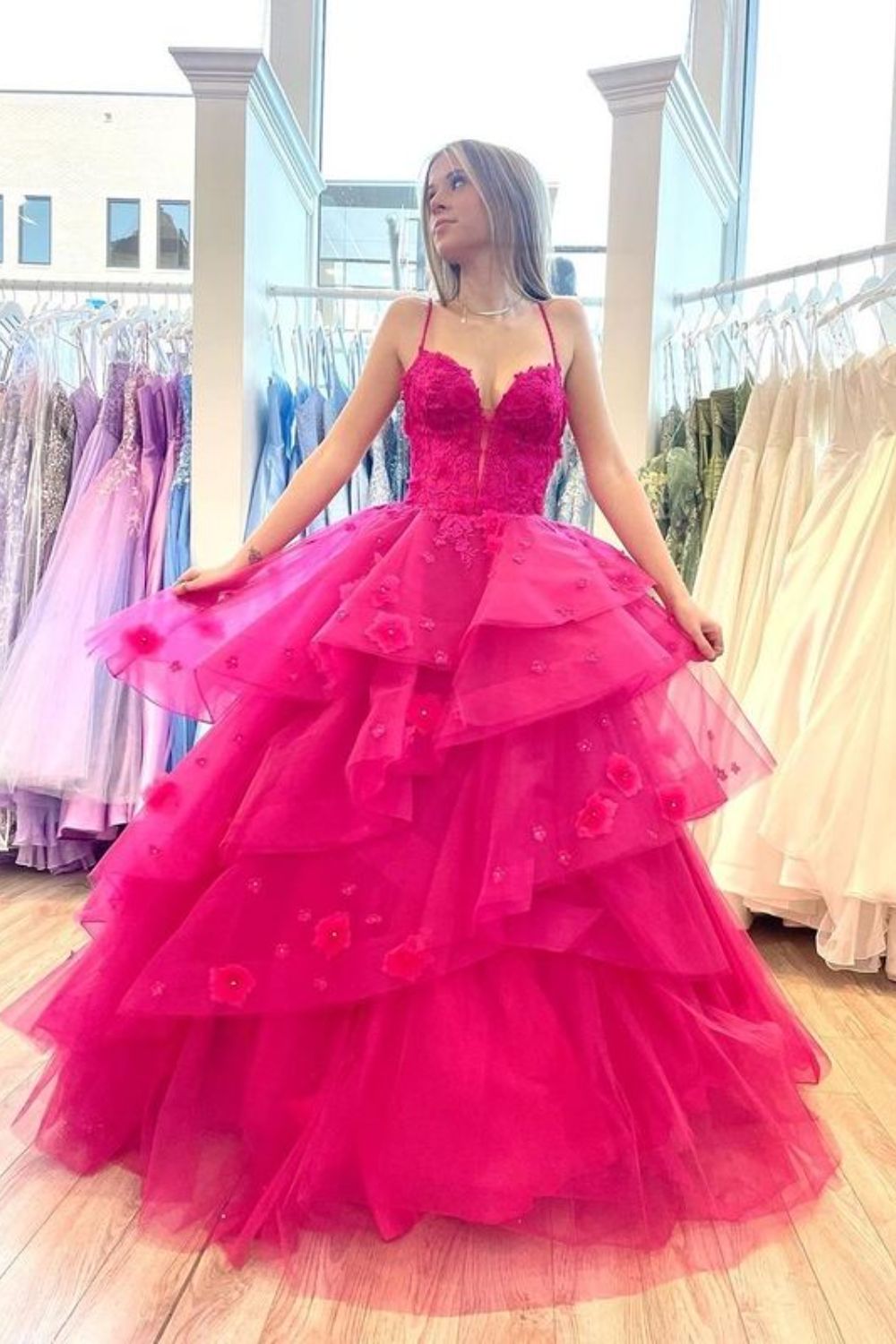 Dressime A Line Spaghetti Straps Tulle Tiered Long Prom Dress With Appliques