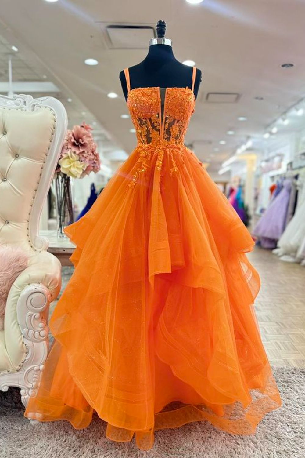 Dressime A Line Spaghetti Straps Tulle Tiered Long Prom Dress With Sequin Appliques