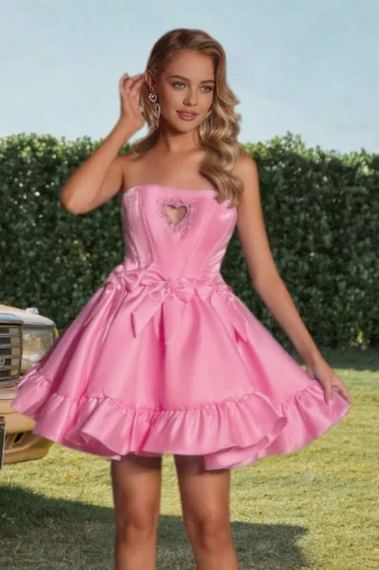 Dressime A Line Strapless Beaded Keyhole Bow Mini Homecoming Dress