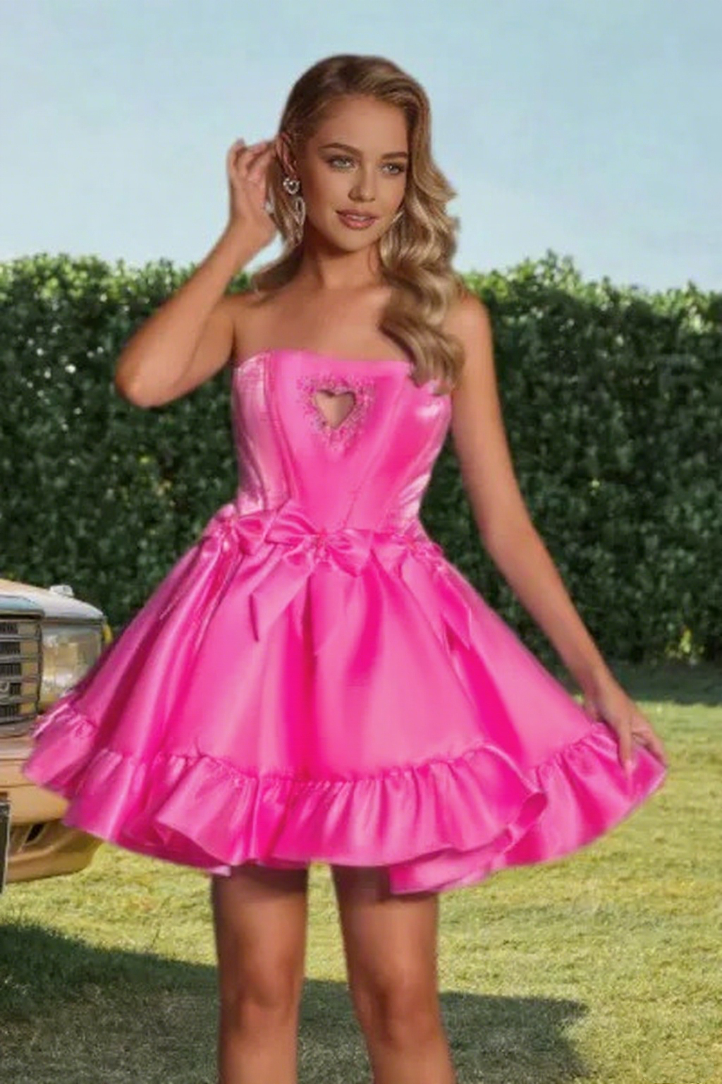 Dressime A Line Strapless Beaded Keyhole Bow Mini Homecoming Dress