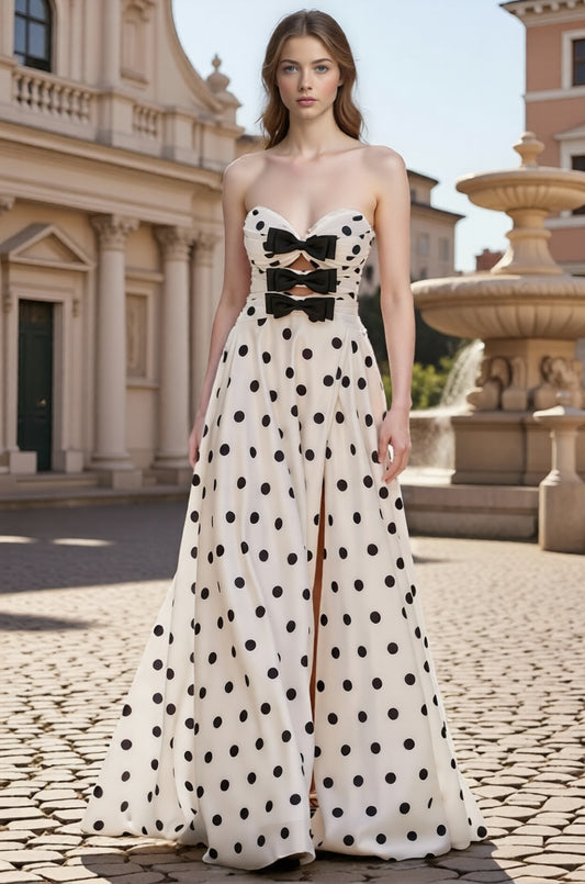 Dressime A Line Strapless Bow Keyhole Polka Dots Long Prom Dress