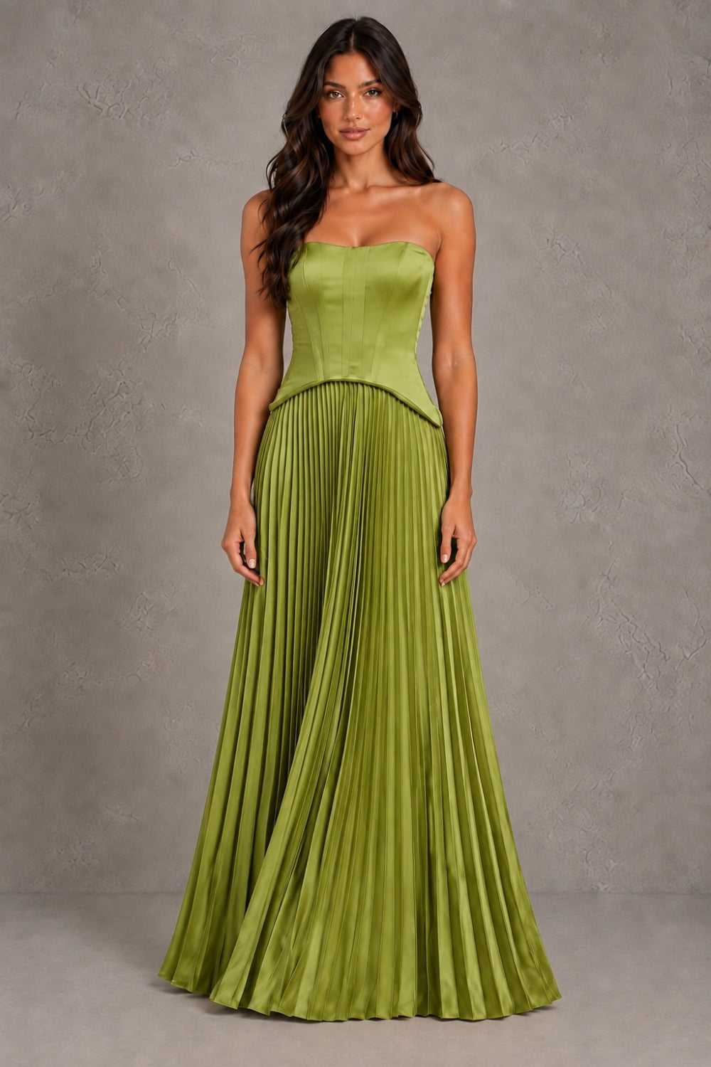 Dressime A Line Strapless Bustier Satin Corset Pleated Maxi Formal Dresses