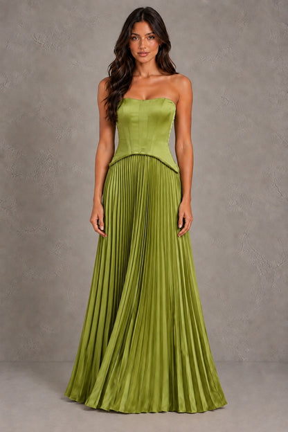 Dressime A Line Strapless Bustier Satin Corset Pleated Maxi Formal Dresses