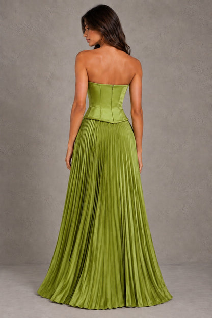Dressime A Line Strapless Bustier Satin Corset Pleated Maxi Formal Dresses