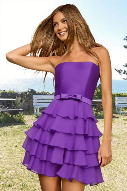 Dressime A Line Strapless Chiffon Bow Ruffled Tiered Mini Homecoming Dress