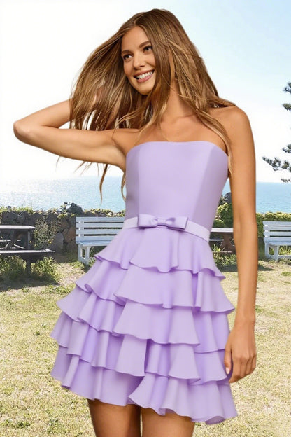 Dressime A Line Strapless Chiffon Bow Ruffled Tiered Mini Homecoming Dress