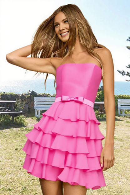 Dressime A Line Strapless Chiffon Bow Ruffled Tiered Mini Homecoming Dress