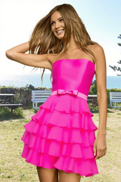 Dressime A Line Strapless Chiffon Bow Ruffled Tiered Mini Homecoming Dress