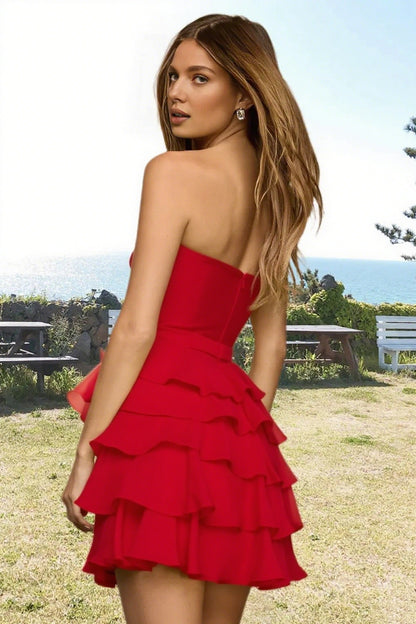 Dressime A Line Strapless Chiffon Bow Ruffled Tiered Mini Homecoming Dress
