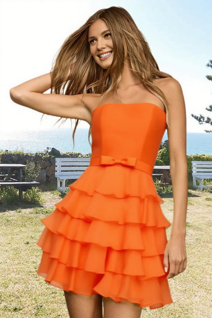 Dressime A Line Strapless Chiffon Bow Ruffled Tiered Mini Homecoming Dress