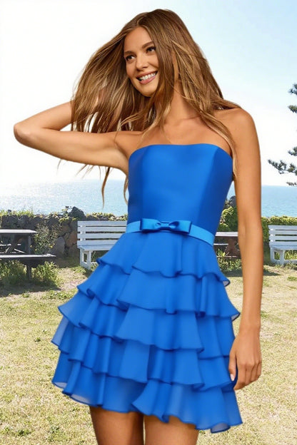 Dressime A Line Strapless Chiffon Bow Ruffled Tiered Mini Homecoming Dress