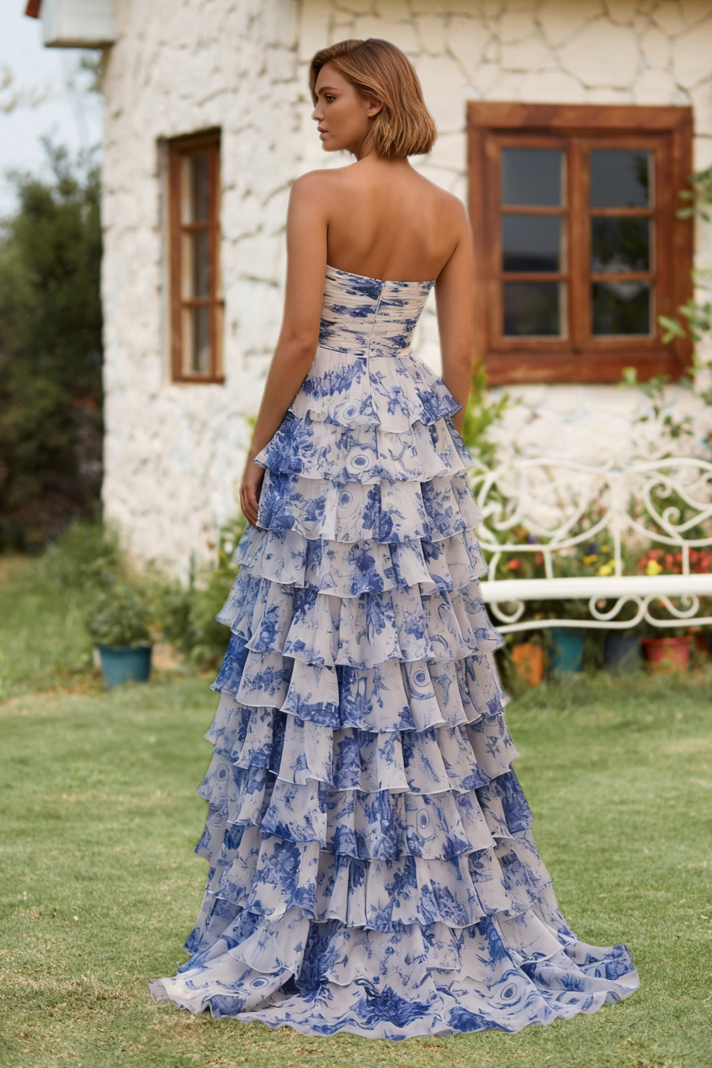 Dressime A Line Strapless Chiffon Printed Tiered Long Prom Dress