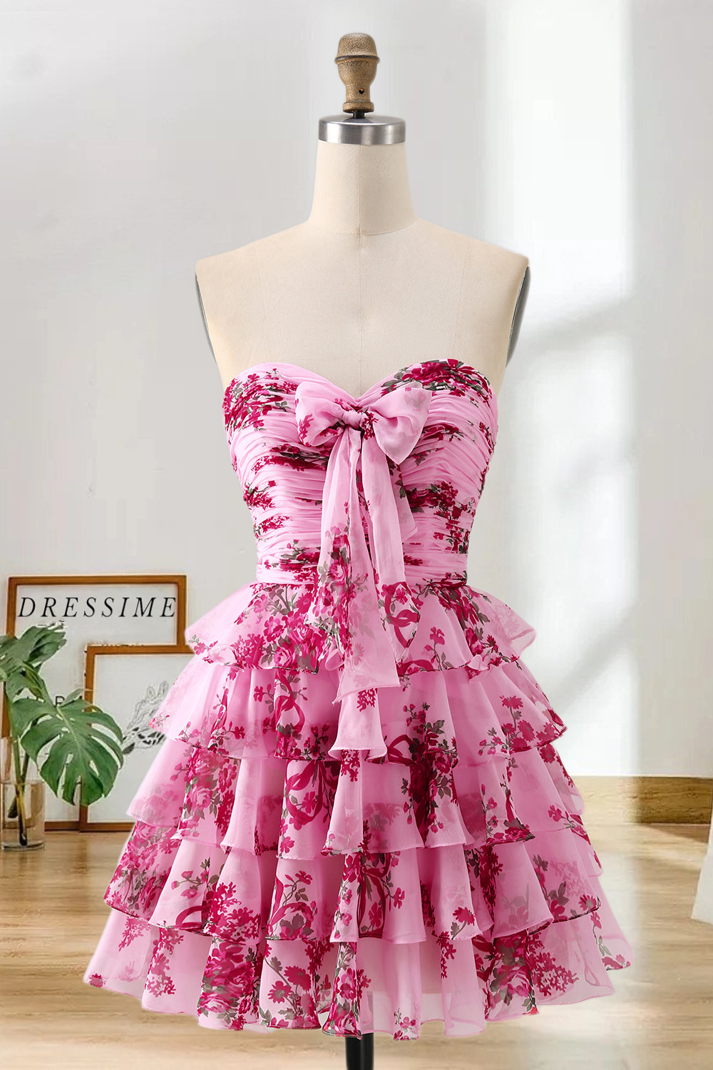 Dressime A Line Strapless Chiffon Printed Tiered Mini Homecoming Dress