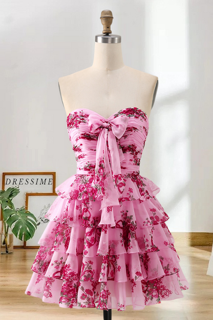 Dressime A Line Strapless Chiffon Printed Tiered Mini Homecoming Dress