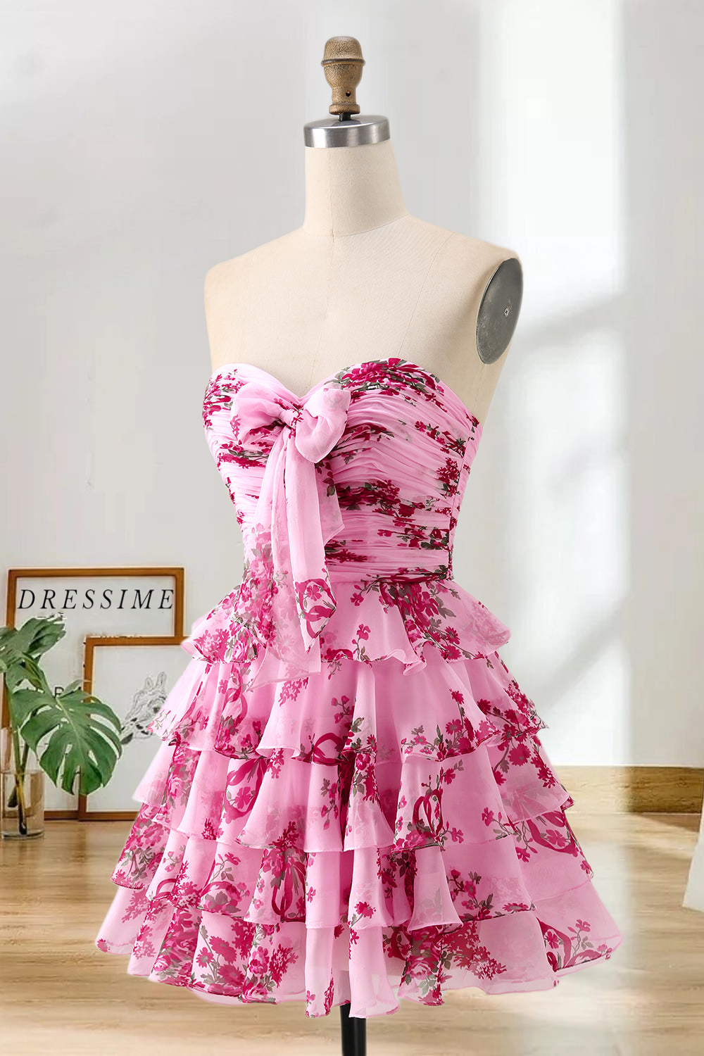 Dressime A Line Strapless Chiffon Printed Tiered Mini Homecoming Dress