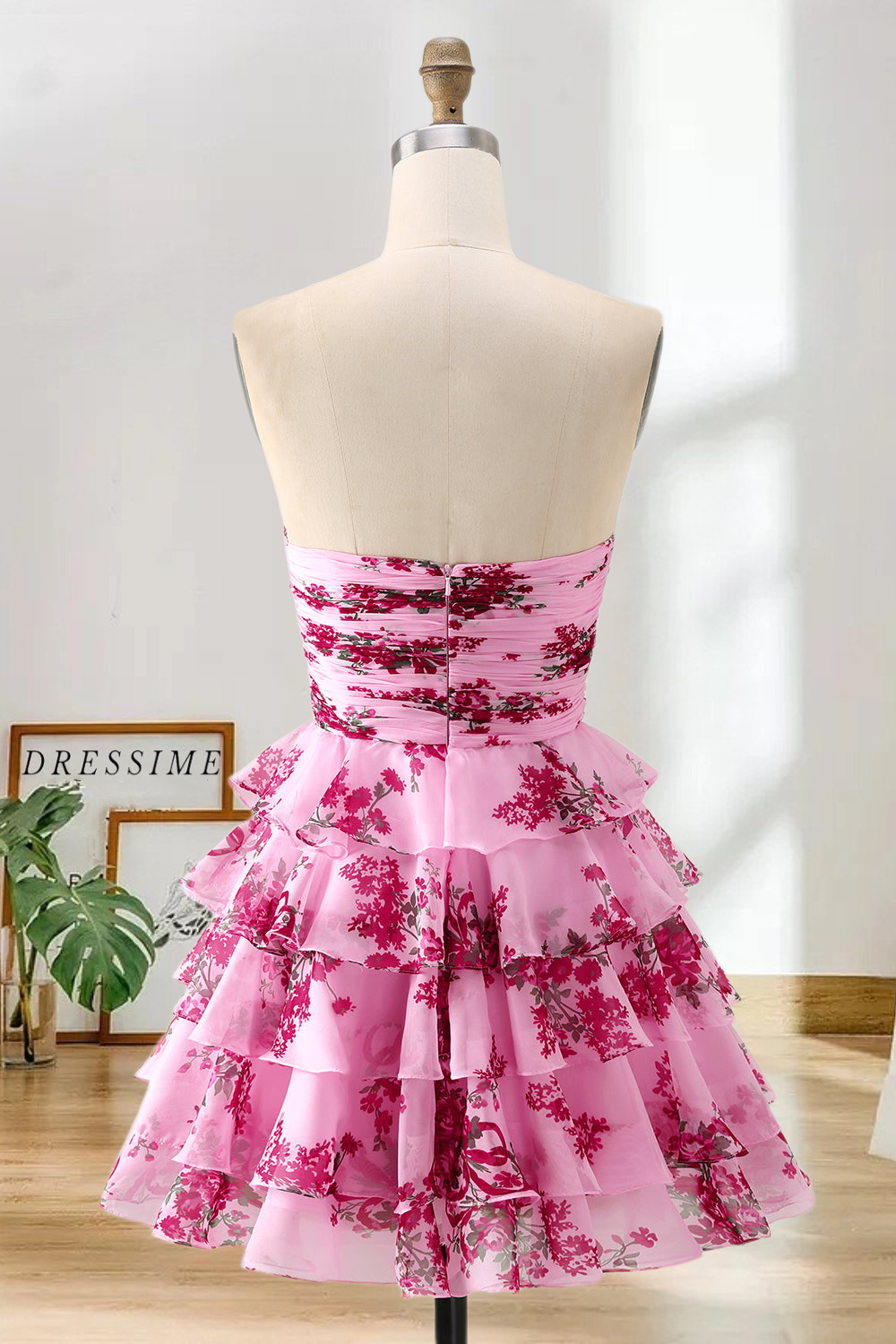 Dressime A Line Strapless Chiffon Printed Tiered Mini Homecoming Dress