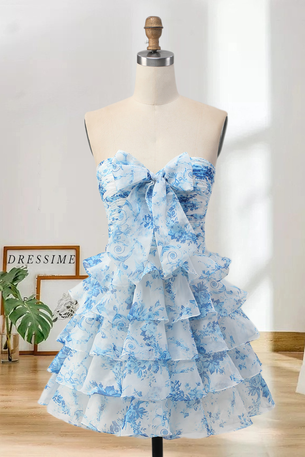 Dressime A Line Strapless Chiffon Printed Tiered Mini Homecoming Dress
