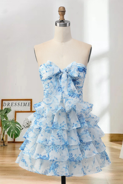 Dressime A Line Strapless Chiffon Printed Tiered Mini Homecoming Dress