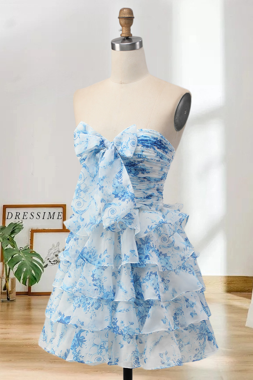Dressime A Line Strapless Chiffon Printed Tiered Mini Homecoming Dress