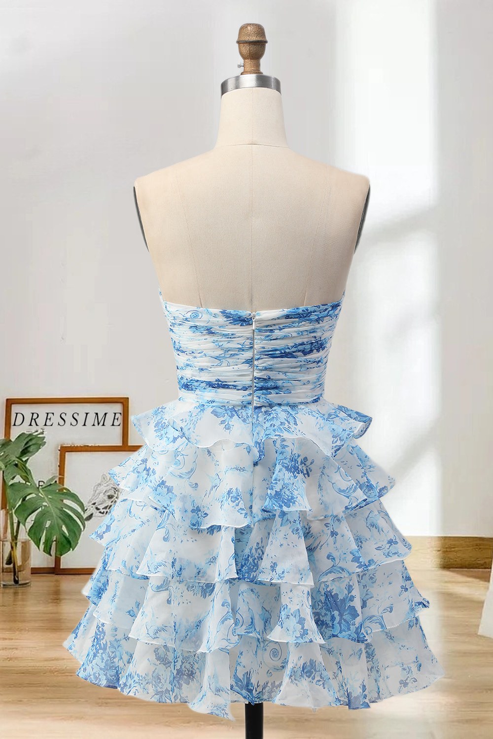 Dressime A Line Strapless Chiffon Printed Tiered Mini Homecoming Dress